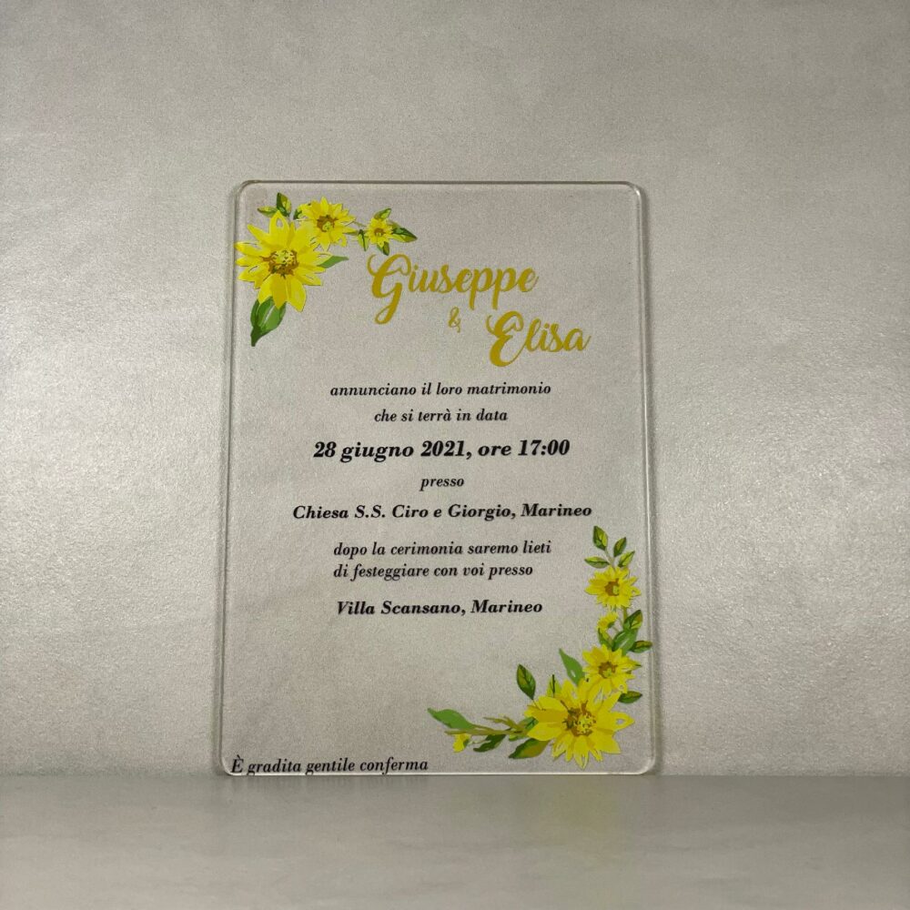 Partecipazioni in Plexiglas personalizzate - Dettaglio Fiori Gialli Regplex Eventi - Wedding - Cerimonie - Matrimonio - Feste - immagine 2