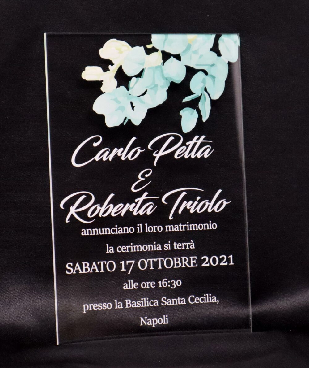 Partecipazioni in Plexiglas personalizzate - Dettaglio Ramoscello di Fiori Regplex Eventi - Wedding - Cerimonie - Matrimonio - Feste - immagine 4