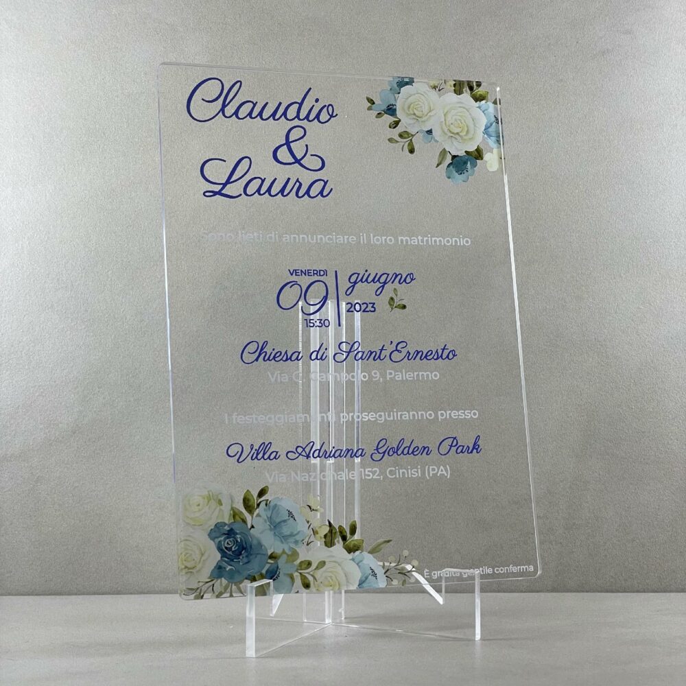 Partecipazioni in Plexiglas personalizzate - Floreale Azzurro Regplex Eventi - Wedding - Cerimonie - Matrimonio - Feste - immagine 3