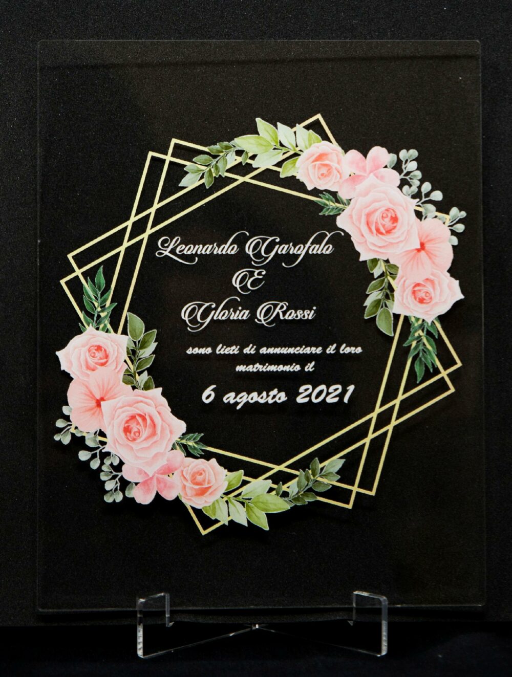 Partecipazioni in Plexiglas personalizzate - Grafica Doppi Quadrati con Fiori Regplex Eventi - Wedding - Cerimonie - Matrimonio - Feste - immagine 2