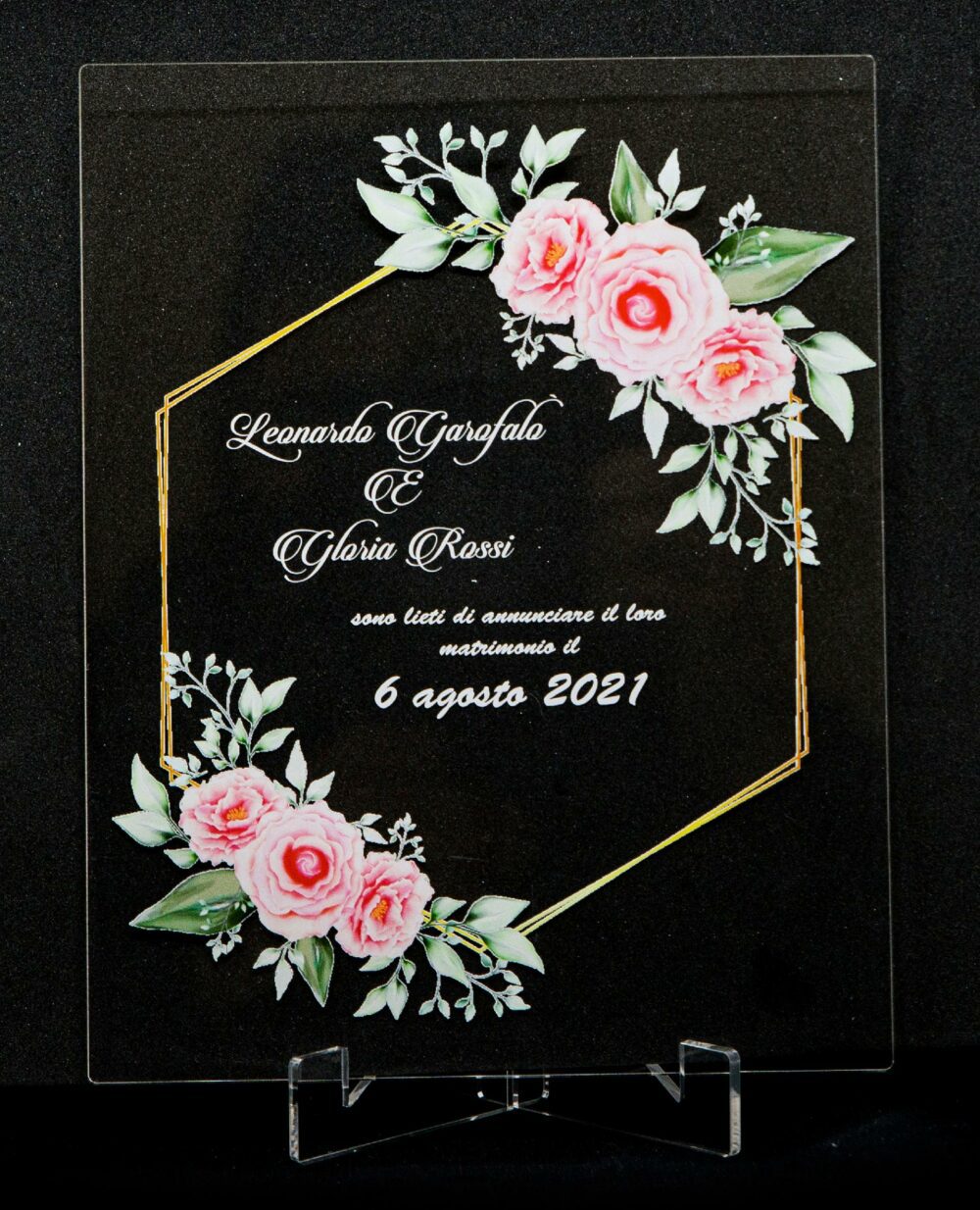 Partecipazioni in Plexiglas personalizzate - Grafica Esagonale con Fiori Regplex Eventi - Wedding - Cerimonie - Matrimonio - Feste - immagine 2