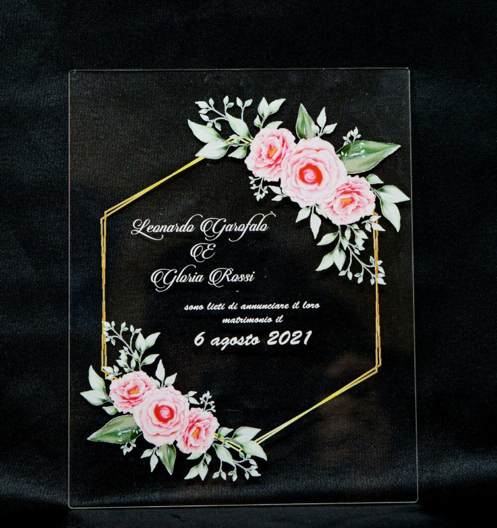 Partecipazioni in Plexiglas personalizzate - Grafica Esagonale con Fiori Regplex Eventi - Wedding - Cerimonie - Matrimonio - Feste - immagine 5