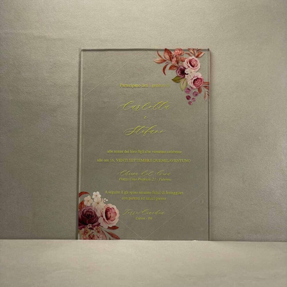 Partecipazioni in Plexiglas personalizzate - Grafica Fiori e Dettaglio Esagonale Regplex Eventi - Wedding - Cerimonie - Matrimonio - Feste - immagine 2