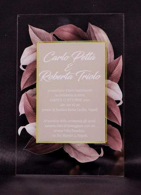 Partecipazioni in Plexiglas personalizzate - Grafica Invito su Foglie Regplex Eventi - Wedding - Cerimonie - Matrimonio - Feste