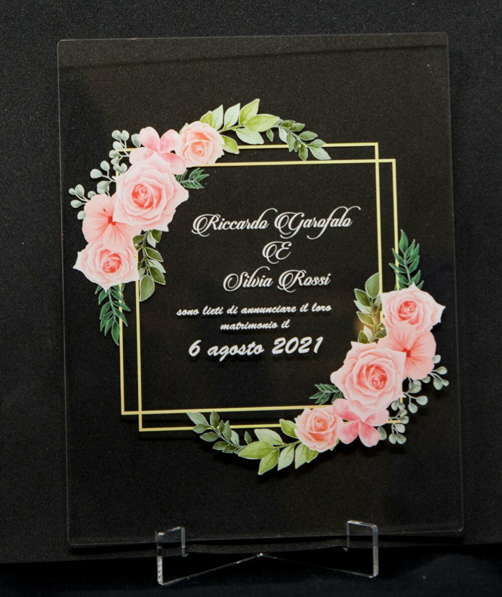 Partecipazioni in Plexiglas personalizzate - Grafica Quadrata con Fiori Regplex Eventi - Wedding - Cerimonie - Matrimonio - Feste - immagine 2
